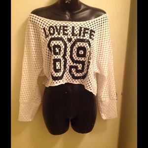 White mesh off the shoulder top